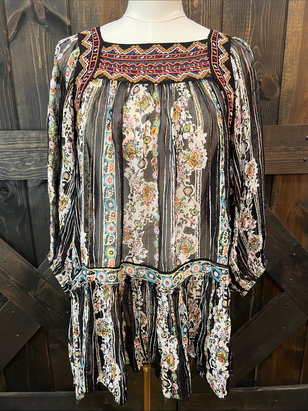 Free People Dance Magic Tunic Top XS Black Oversized Boho Fringe‎ Embroidered